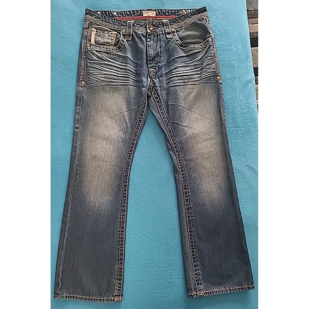 Antique Rivet Jeans Mens 38x32 Blue Flap Back Pockets Embroidered & Leather